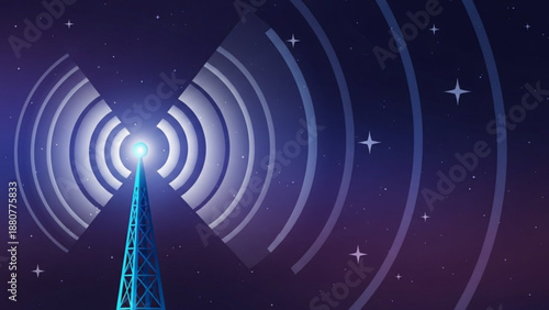 Glowing communication tower emits signals in starry night sky