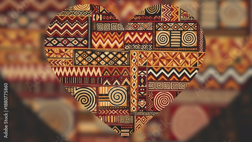 Vibrant tribal heart with african patterns and geometric shapes