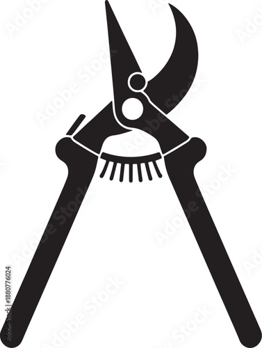 Black silhouette of pruning shears with curved blades and serrated mechanism secateurs