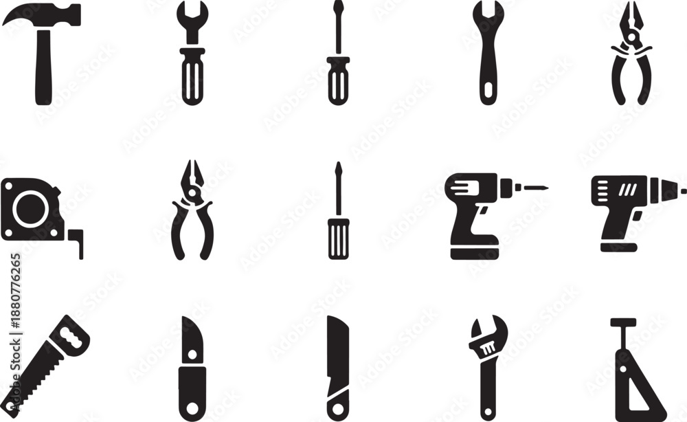 Obraz premium Collection of black silhouette representing various hand and power tools for construction and repair