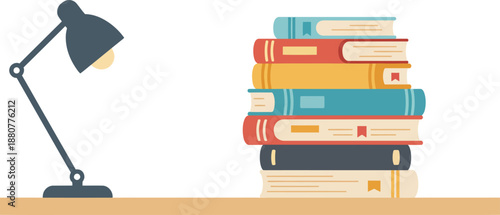 Flat Design Stack of Colorful Books with Desk Lamp for Study and Reading Concepts wfh