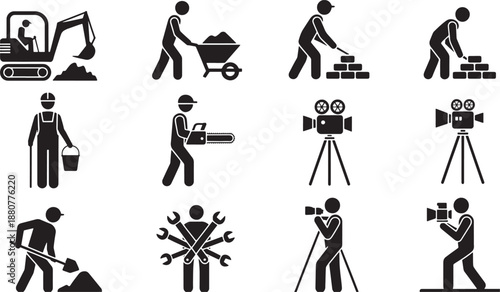 Collection of black silhouette depicting construction workers and filmmakers in various actions