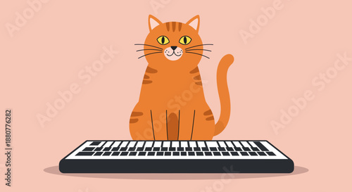 Cute Orange Tabby Cat Sitting Behind a Digital Piano Keyboard Illustration wfh