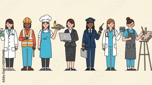 Diverse professionals in various occupations standing together