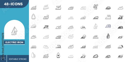 Electric Iron Icon Set Editable Vector – Clothes Ironing Machine, Steam Iron, Laundry & Home Appliance Symbols