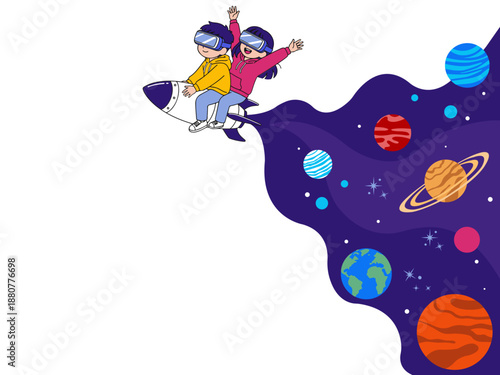 Cute Kids Riding Rocket with VR Headsets, Space Adventure Flat Vector Illustration of Boy and Girl Exploring Virtual Reality and Planets, Futuristic Education and Imagination Concept