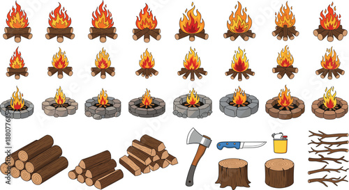 Campfire elements illustration set with burning fires, fire pits, firewood logs, axe, knife, and kindling