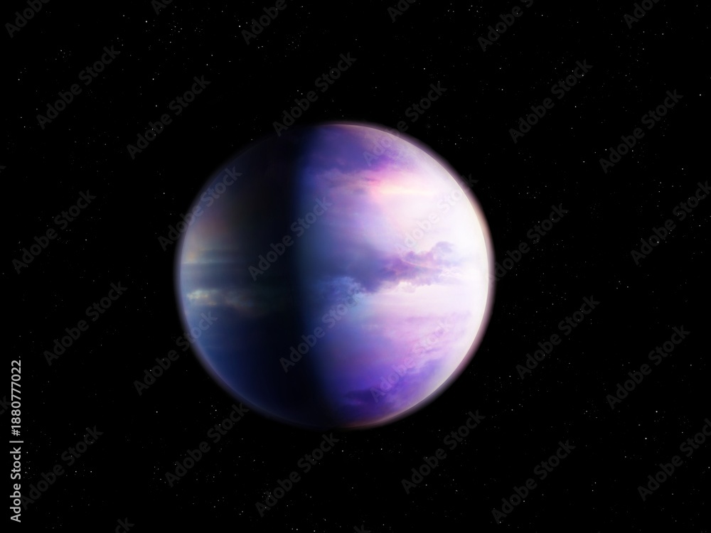 Obraz premium Beautiful planet on a black background. Exoplanet covered with clouds. Sci-fi image. Extrasolar planet of the Earth type.