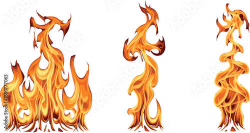 Stylized realistic fire flames set with swirling orange and yellow burning shapes isolated on white background