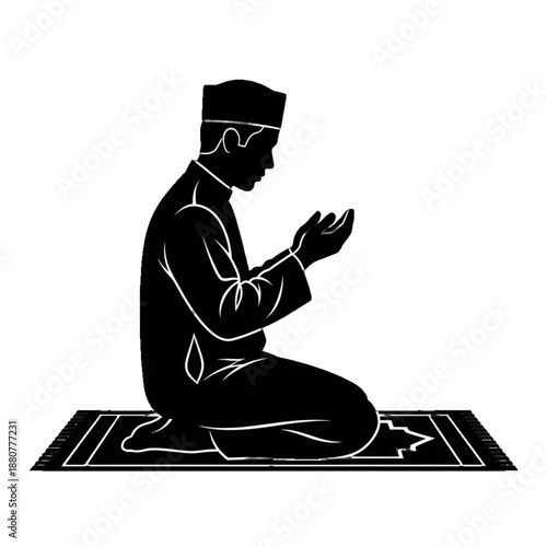 Muslim man praying on a prayer mat on transparent Background. Vector illustration of a Muslim man performing dua or salah. Ramadan Kareem, Eid Mubarak, or Islamic holiday themes and illustrations .