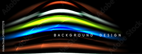 Abstract colorful lines create dynamic wave form. Dark background emphasizes vibrant layers, modern design element.
