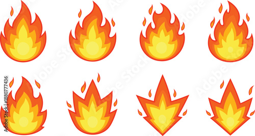 Set of bright cartoon fire flame icons in different shapes for heat, danger, and energy themes