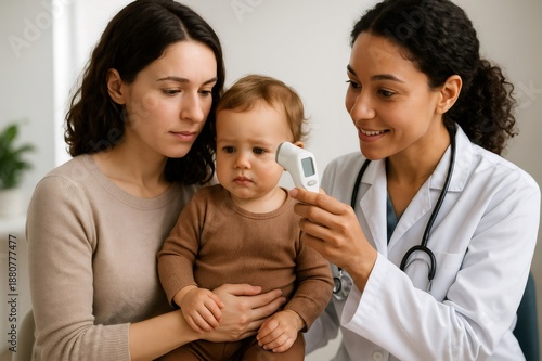 Pediatrician doctor checking baby's temperature with an ear thermometer while mother is holding infant at clinic