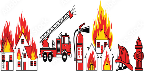 Firefighting and house fire emergency illustration set with burning buildings, fire truck, extinguisher, helmet, and hydrant