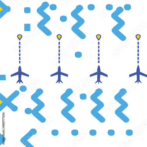 Flight route vector illustration. Airplane on dashed line on path to destination. Flight tracking interface.