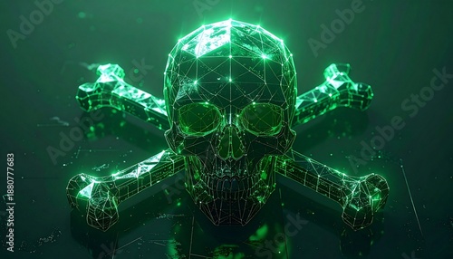3D rendered, digital skull and crossbones icon emits green light, data-connected