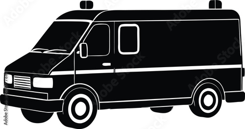 Black silhouette emergency transport van, Medical assistance vehicle outline illustration