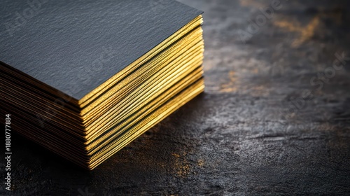 A stack of freshly printed, high-quality business cards with letterpress and gold foil details, on a dark, textured surface. A symbol of networking and professional identity. 