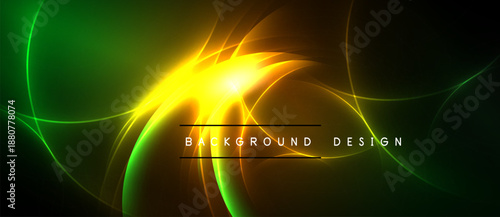 Abstract vibrant design features glowing curves, yellow center, green edges. Dark background enhances luminosity, creating dynamic visual effect.