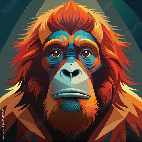 A digitally rendered orangutan with vibrant. stylized fur and expressive features.