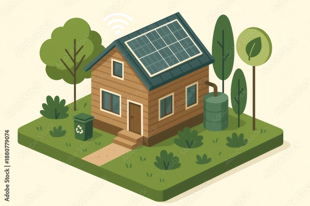 Naklejka premium Modern house with solar panels, rainwater harvesting, recycling bin, and trees, representing ecological living