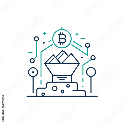 Bitcoin mining setup with geometric design on transparent background silhouette