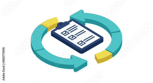 workflow process management illustration showing a clipboard with checked tasks in a continuous cycle representing business planning  output.