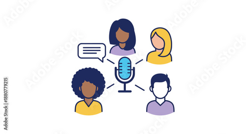 diverse group podcast discussion around a microphone symbolizing online communication collaborative conversation and inclusive media production