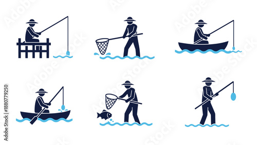 fishing icons collection showing diverse angling activities like fishing from a dock boat and wading in water with rods and nets.