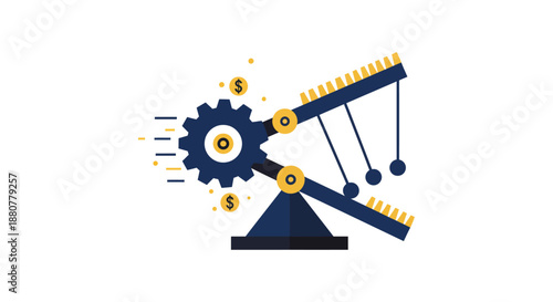 financial growth mechanism illustration a gear and newtons cradle symbolize efficient business momentum and wealth creation.