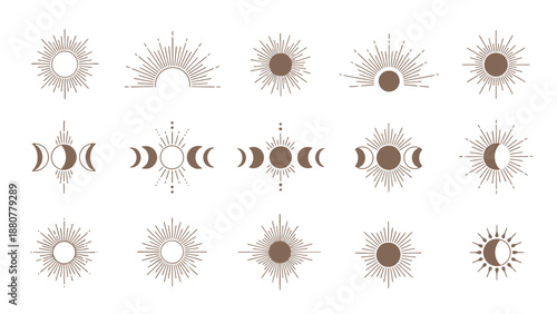 minimalist celestial sun moon vector icon set for bohemian spiritual branding astrological graphic design projects and mystical digital art illustrations