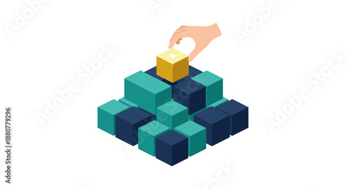 problem solving strategy hand places a golden cube on a structured block pyramid symbolizing successful project completion and business innovation.