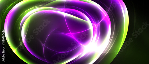 Bright abstract swirls, purple hues dominate, green accents highlight edges. Light radiates from center, creating dynamic visual effect.