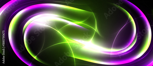 Abstract swirls, vibrant purple, green hues create luminous energy. Brightness contrasts against dark background. Flowing lines suggest movement.