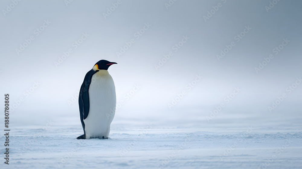 Obraz premium 4K Emperor penguin standing solitary on icy antarctic landscape image