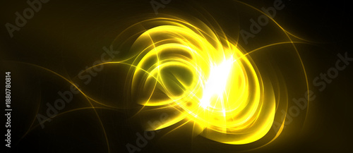 Bright yellow energy swirls against dark background. Light radiates from central point, creating dynamic visual effect.
