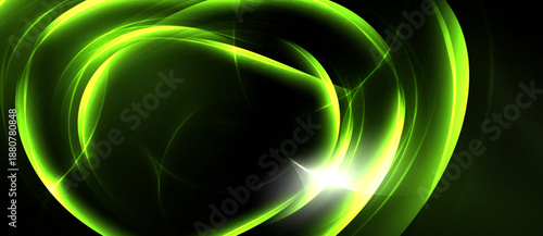 Bright green energy swirls, luminous curves radiate from central glow. Dark background emphasizes vibrant light effects.