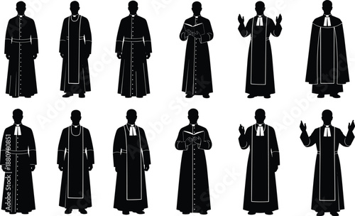 Clerical robe silhouette set, religious attire, academic gown styles, ceremonial garment icons, diverse formal wear illustration, black design, flat vector