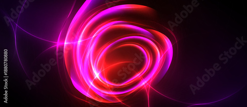 Bright swirling lights form abstract spiral. Vivid magenta, red hues dominate dark background. Energetic, dynamic visual effect.