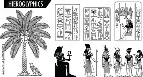   
Ancient Egyptian culture illustration with hieroglyphics, pharaohs, ankh symbol, traditional attire, sacred icons, historical elements, black design, flat vector