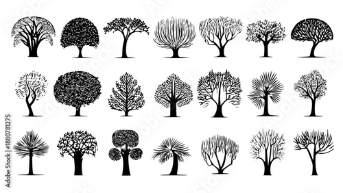 Vector fantasy tree set black silhouette. Game ready nature tree set.	