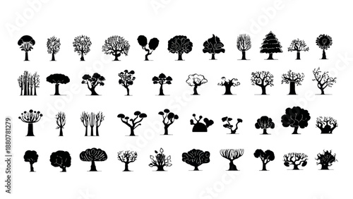 Vector fantasy tree set black silhouette. Game ready nature tree set.	