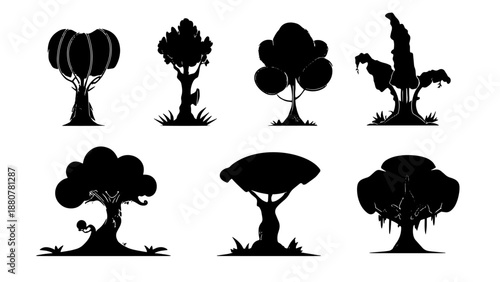 Vector fantasy tree set black silhouette. Game ready nature tree set.	