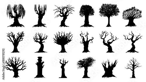 Vector fantasy tree set black silhouette. Game ready nature tree set.	