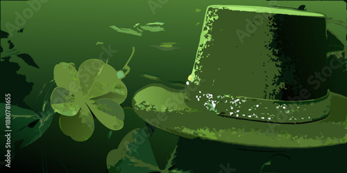a green top hat beside a four leaf clover on a green background