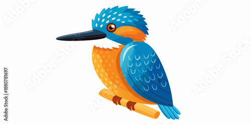a blue and orange bird sitting on a branch with a white background