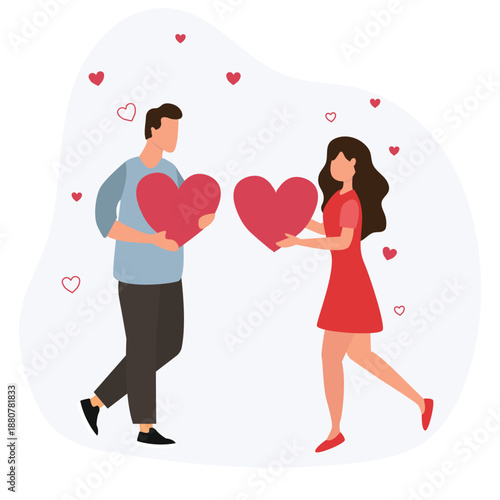 Wallpaper Mural Cheerful couple sharing hearts. Valentine's day love sharing, romantic characters giving hearts to each other flat vector illustration Torontodigital.ca