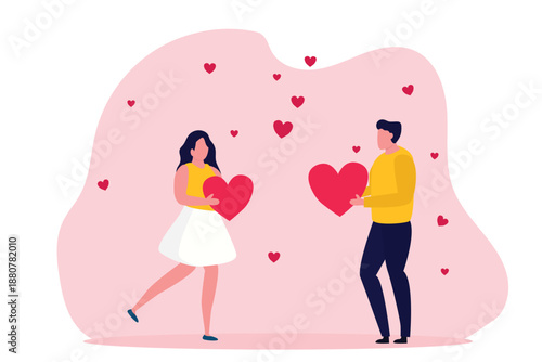 Cheerful couple sharing hearts. Valentine's day love sharing, romantic characters giving hearts to each other flat vector illustration