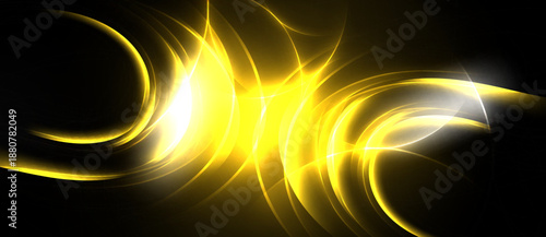 Bright yellow energy flows, swirling patterns against dark background. Light radiates, creating dynamic abstract composition.