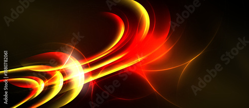Abstract energy flows, vibrant red, gold hues. Dynamic curves suggest movement, light trails illuminate dark background. Modern design.
